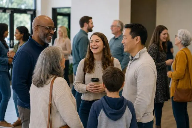 Church members visiting after service